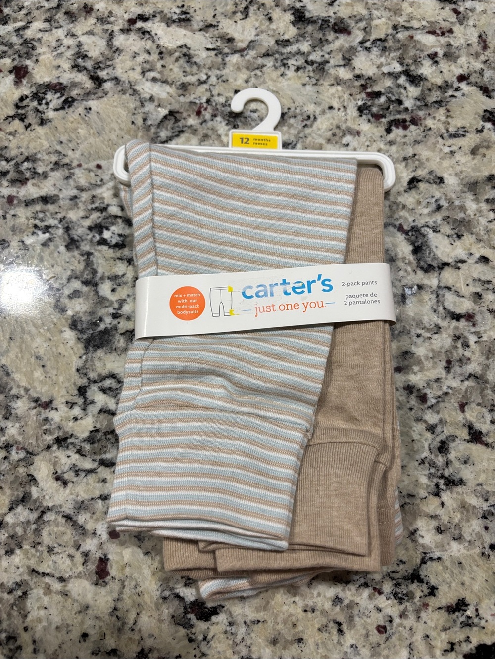 12m Carter's 2-Pack: 100% Cotton Tan & Light Blue Striped Baby Pants